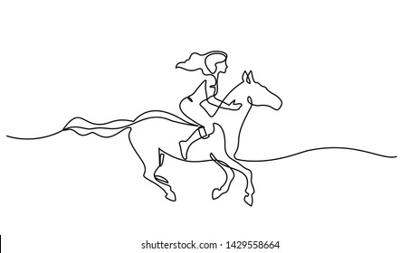 Continuous one line drawing. woman riding a horse. Black and white vector illustration. Concept for logo, card, banner, poster, flyer