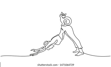 Continuous one line drawing. Woman doing downward dog pose with cat sitting on her bum. Vector illustration