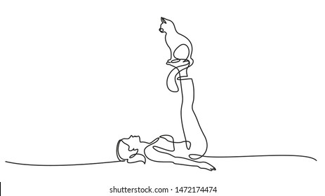 Continuous one line drawing. Woman laying down on floor on her back with legs straight up, cat sitting on soles of her feet. Vector illustration
