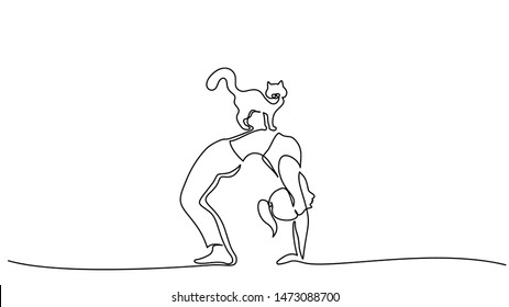 Continuous one line drawing. Woman doing a bridge pose, cat standing on her stomach. Vector illustration