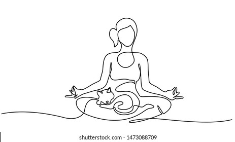 Continuous one line drawing. Woman sitting cross legged meditating, cat sleeping in her lap. Vector illustration