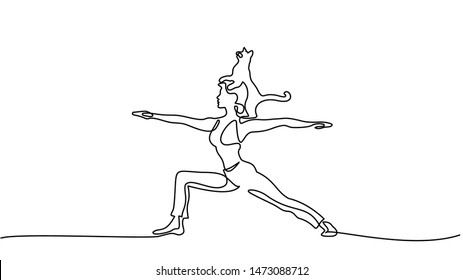 Continuous one line drawing  Woman doing warrior pose   cat standing her shoulders  Vector illustration