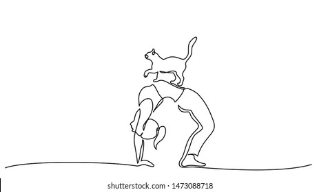 Continuous one line drawing. Woman doing a bridge pose, cat standing on her stomach. Vector illustration