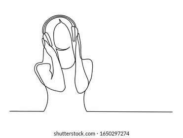 Continuous one line drawing of a woman. Music concept. Beautiful woman with headphones listening to music isolated on a white background. Vector illustration