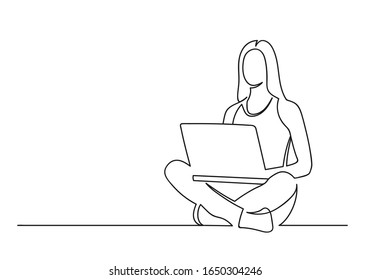 Continuous one line drawing of a woman. Business concept. Beautiful woman sits on the floor and holding laptop isolated on a white background. Vector illustration