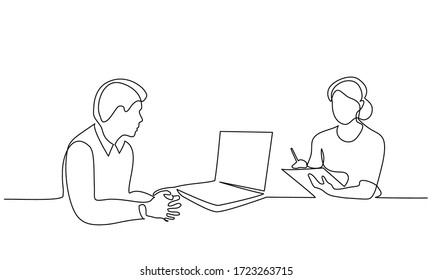 Continuous one line drawing. Woman using mobile digital tablet computer work and writing. Vector illustration