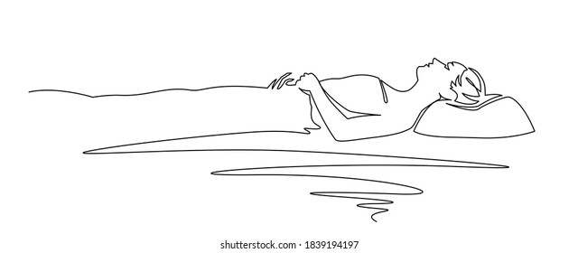 Continuous one line drawing of woman sleeping on memory foam. Vector illustration sleeper in profile.