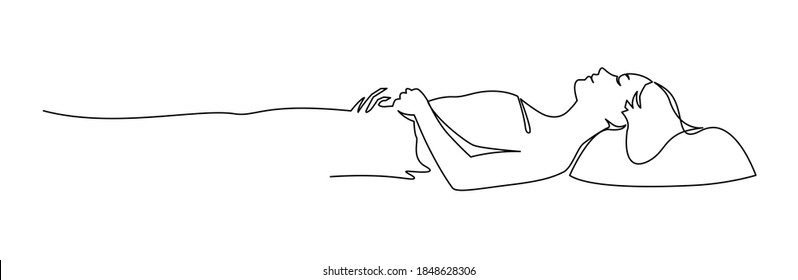 Continuous One Line Drawing Of Woman Sleeping On Memory Foam. Vector Illustration Sleeper Sleeper In Profile.