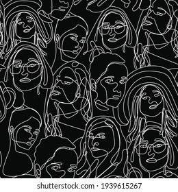 Continuous one line drawing woman face seamless pattern. Woman face line art