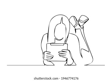 Continuous one line drawing of a woman. Business concept. Young woman lies and holds a tablet isolated on a white background. Vector illustration