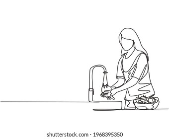 Continuous one line drawing a woman was washing the fruit in the sink from the bacteria that stick to it thoroughly. Using splash and water flow. Single line draw design vector graphic illustration.