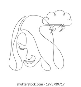 Continuous one line drawing of a woman face with storm cloud. Concept of confused feelings worried about bad mental health. Problems, failure and grief concept. Lineart Vector illustration