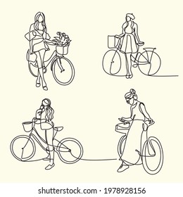 Continuous one line drawing woman girl on a bicycle