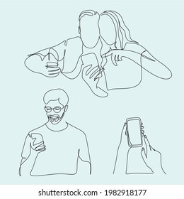 Continuous one line drawing of woman and man with smartphone. Group of people holding smartphone, making online stories or streaming in social networks. Crowd standing with phones in their hands conti