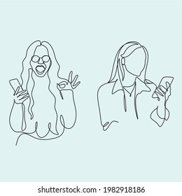 Continuous one line drawing of woman and man with smartphone. Group of people holding smartphone, making online stories or streaming in social networks. Crowd standing with phones in their hands conti