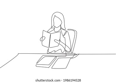 Continuous one line drawing woman reading, learning and sitting on chair around table. Study in library. Intelligent student, education concept. Single line draw design vector graphic illustration