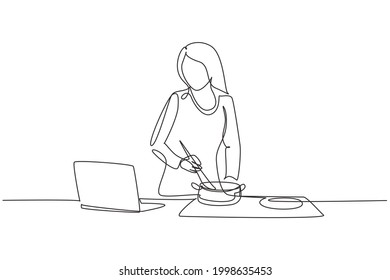 Continuous one line drawing woman cooking dinner has video call conversation in kitchen. Female talking with friend using application on laptop. Single line draw design vector graphic illustration