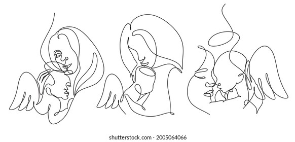 Continuous one line drawing. Woman hold her angel baby. Vector illustration