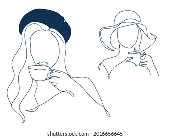 Kontinuierliche Zeichnung einer Linie. Frau entspannend mit einer Tasse Tee. Vektorgrafik
