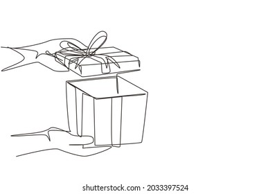 Continuous one line drawing woman holding gift box on holiday. Opened decorative box with confetti. Present package with bursting elements, surprise inside. Single line draw design vector graphic