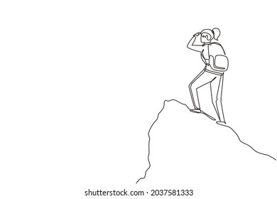 Continuous One Line Drawing Woman Traveler Or Explorer Standing On Top Of Mountain Or Cliff And Looking Straight. Discovery, Exploration, Hiking, Travel. Single Line Draw Design Vector Illustration