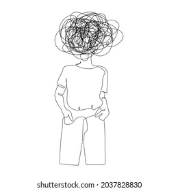 Continuous one line drawing of a woman with confused messy feelings worried about bad mental health. Problems, stress, sad and depression concept in doodle style. Liner Vector illustration