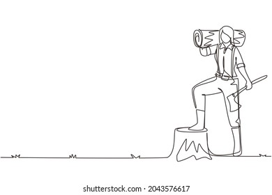 Continuous one line drawing woman lumberjack or woodcutter holding timber and axe. Wooden materials manufacturing, standing with axe, posing with one foot on tree stump. Single line draw design vector