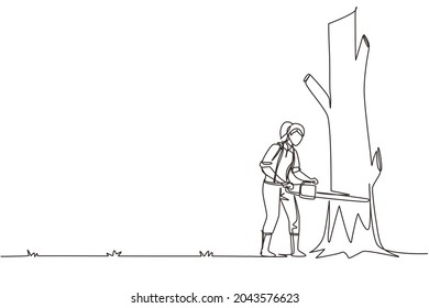 Continuous one line drawing woman logger sawing log and tree in forest. Wood industry worker with saw in hands. Female lumberjack cut timberwood, woodcutter occupation. Single line draw design vector