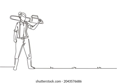 Continuous one line drawing woman woodcutter holding chainsaw on her back. Wearing suspender shirt, jeans and boots. Female lumberjack pose on logging forest. Single line draw design vector graphic