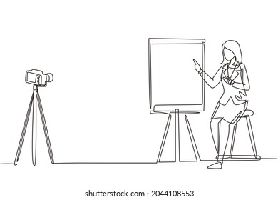 Continuous one line drawing woman giving presentation to camera doing webinar. The concept of blogging, online training and conferences. Camera on tripod. Single line draw design vector illustration