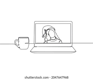 Continuous one line drawing of woman in santa hat, video call with hot christmas drink icon in silhouette on a white background. Linear stylized.