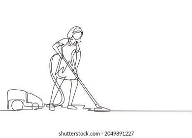Continuous one line drawing woman with vacuum cleaners of various types isolated on white background. Washing, cleaning service. Disinfection and cleaning. Single line draw design vector illustration
