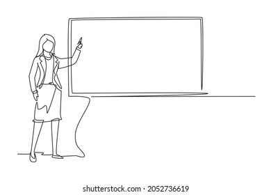 Continuous one line drawing woman teacher professor standing in front blackboard teaching student in classroom  College class university teacher teach in classroom  Single line design vector