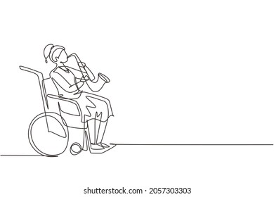Continuous one line drawing woman sitting in wheelchair plays saxophone. Disability and classical music.  fracture. Person in hospital. Single line draw design vector graphic