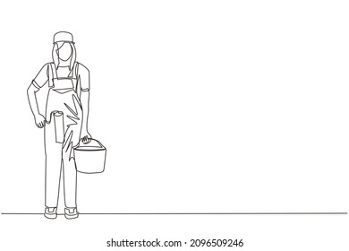 Continuous one line drawing woman holds roller with paint and bucket of paint, home repairs, painting walls in house, apartment, professional painter. Single line design vector graphic illustration
