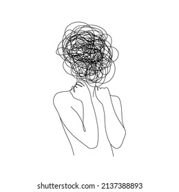 Continuous one line drawing of a woman with confused messy feelings worried about bad mental health. Problems stress illness and depression concept in simple linear style. Doodle Vector illustration