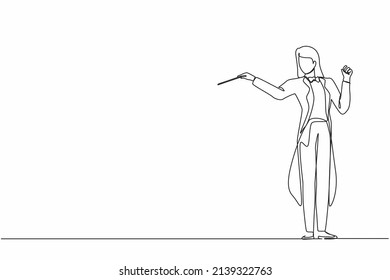 Continuous One Line Drawing Woman Music Orchestra Conductor. Female Musician In Tuxedo Suit With Arm Gestures. Expressive Conductor Directs Orchestra During Performance. Single Line Draw Design Vector