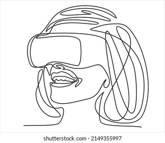 Kontinuierliche 1-zeilige Zeichnung Frau in Brillen Gerät virtuelle Realität