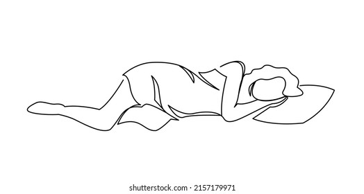 Continuous One Line Drawing Of Woman Sleeping On Memory Foam. Vector Illustration Sleeper Sleeper In Profile.