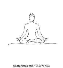 Continuous one line drawing. Woman sitting yoga pose cross legged meditating. Vector illustration