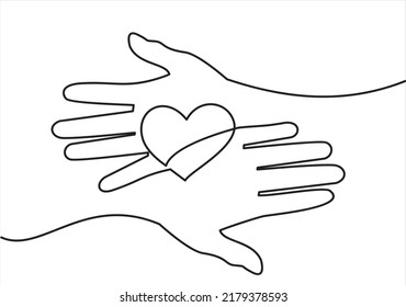 Continuous one line drawing of woman and man hands holding heart. Vector illustration