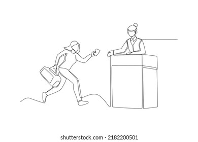 Continuous one line drawing woman with bag running and giving her ticket to airport clerk. Late concept. Single line draw design vector graphic illustration.