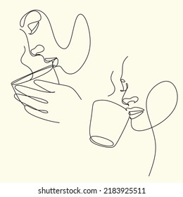 Dibujo continuo de una línea. Mujer relajándose con una taza de té. Ilustración del vector