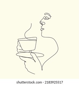 Dibujo continuo de una línea. Mujer relajándose con una taza de té. Ilustración del vector