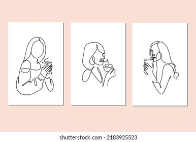 Continuous one line drawing. Woman relaxing with cup of tea. Vector illustration