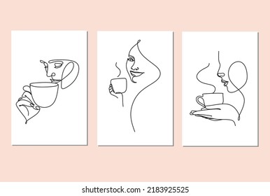 Continuous one line drawing. Woman relaxing with cup of tea. Vector illustration