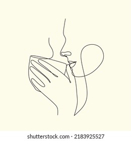 Continuous one line drawing. Woman relaxing with cup of tea. Vector illustration