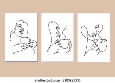 Continuous one line drawing. Woman relaxing with cup of tea. Vector illustration