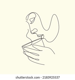 Continuous one line drawing. Woman relaxing with cup of tea. Vector illustration