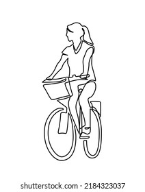 Continuous one line drawing woman girl on a bicycle. One continuous line drawing of a girl riding bicycle. A cute woman enjoy riding her cycle in the morning to exercise. Healthy lifestyle theme